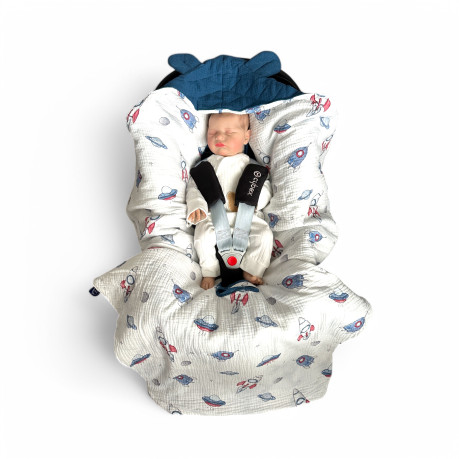 Car Seat Blanket Muslin - Royal Blue / Spaceships