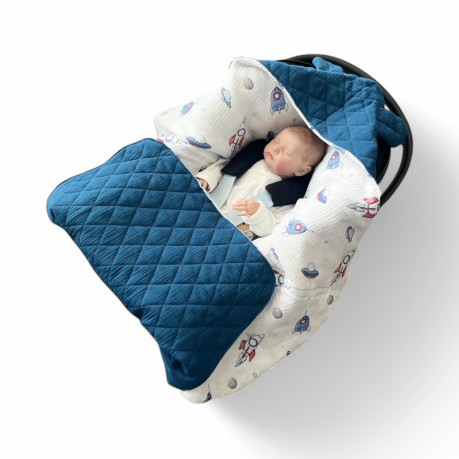 Car Seat Blanket Muslin - Royal Blue / Spaceships